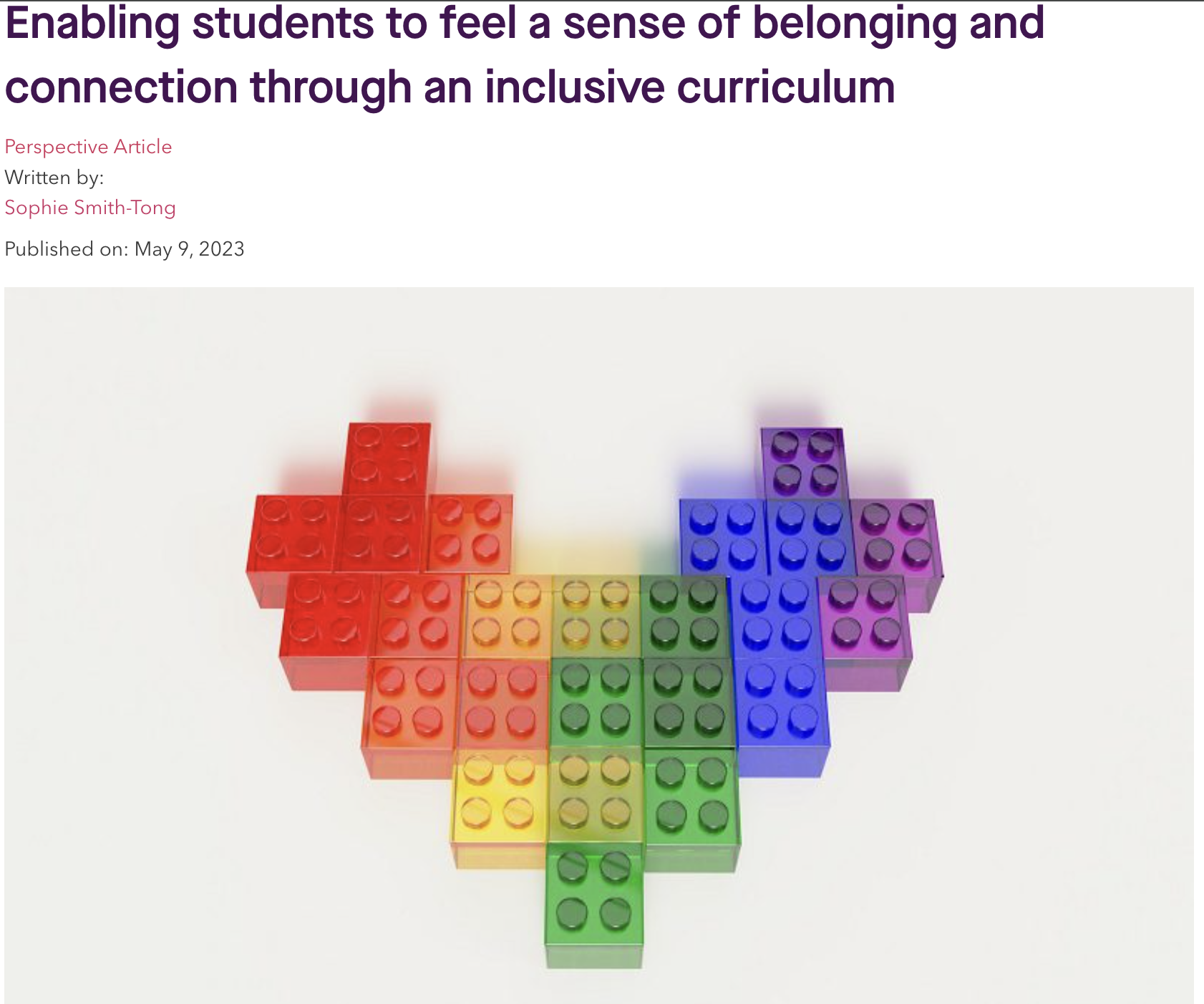 Article header from Impact with a heart made of rainbow-coloured toy bricks